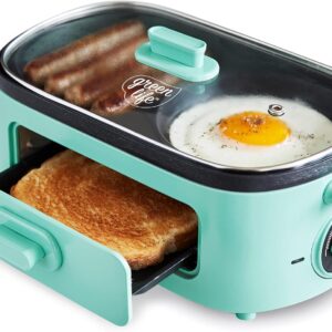 GreenLife 3-in-1 Breakfast Station, Ceramic Nonstick PFAS-Free Dual Griddles for Eggs Meat Pancakes & Sandwiches + 2-Slice Toast Drawer, Healthy Cooking, Timer, Versatile Morning Meal Maker, Turquoise