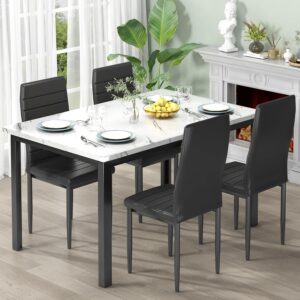 Recaceik 5 Piece Dining Table Set,Small Dining Table Set for 4, Faux Marble Dinner Table Set with 4 Upholstered PU Leather Chairs, Dining Room Table Set for Kitchen and Dining (White & Black)