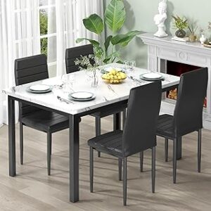 Recaceik 5 Piece Dining Table Set,Small Dining Table Set for 4, Faux Marble Dinner Table Set with 4 Upholstered PU Leather Chairs, Dining Room Table Set for Kitchen and Dining (White & Black)