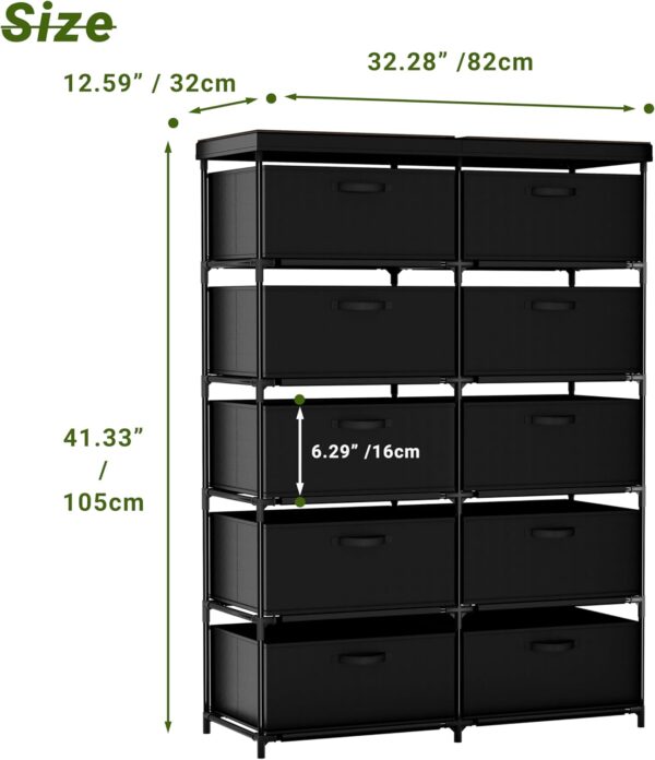 Dresser with 10 Fabric Drawer Solid Wood TV Stand Desktop Sturdy Metal Support Tube Cube Storage Cabinet for Closet Bedroom Organization Dorm Front Hall Entryway (10 Drawer) - Image 2