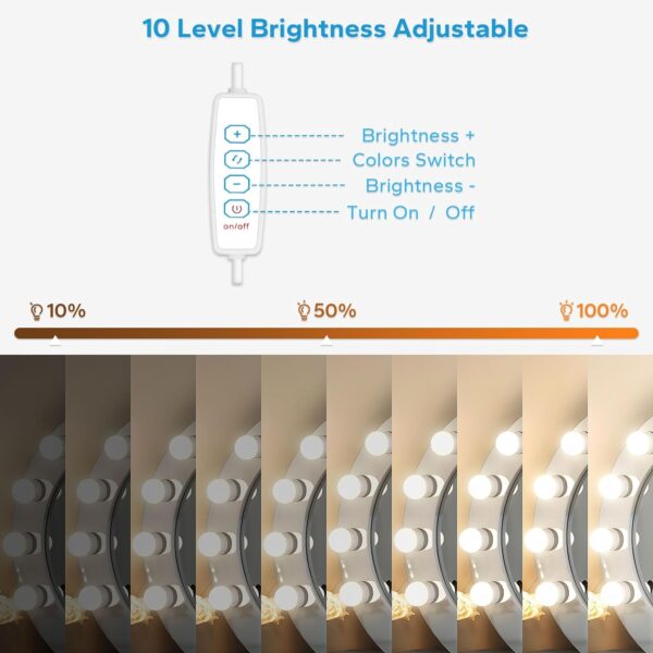 LED Vanity Lights for Mirror, Vanity Lights Stick on with 10 Dimmable Bulbs, 3000K 4000K 6500K & 10 Level Brightness Adjustable, USB Cable, Hollywood Mirror Lights for Makeup Dressing Room Bathroom - Image 3
