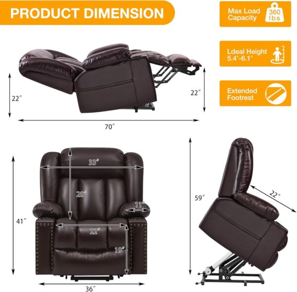 Triple Motor Large Power Lift Recliner Chair for Elderly with Heat and Massage, Lay Flat Lift Chairs for Seniors Infinite Position, Extended Footrest, USB Ports, Cup Holder, Dark Brown - Image 2