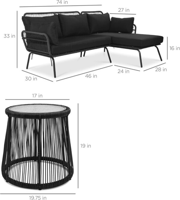 Best Choice Products Outdoor Rope Woven Sectional Patio Furniture L-Shaped Conversation Sofa Set for Backyard, Porch w/Thick Cushions, Detachable Lounger, Side Table - Natural/Black - Image 7
