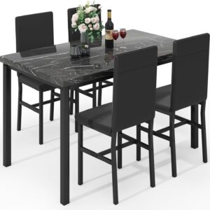 Hooseng Dining Table Set for 4, Modern Kitchen Table and Chairs Set of 4, Faux Marble Dining Room Table Set with 4 PU Leather Chairs, 5-Piece Kitchen Table Set for Small Space, Apartment, Black