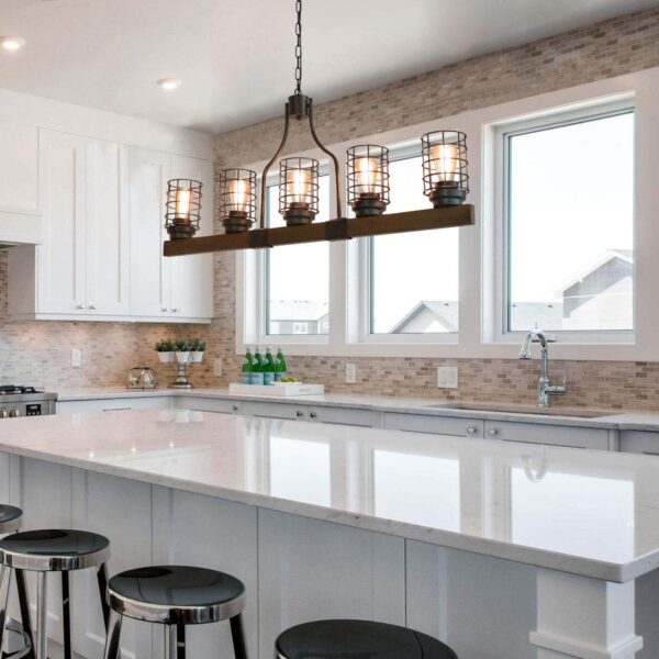 Farmhouse Cage Rustic Chandelier Kitchen Island 5 Lights, 42" L Large Linear Industrial Pool Table Pendant Lighting Vintage Edison Ceiling Light Fixture, Brown & Black(C0073) - Image 7