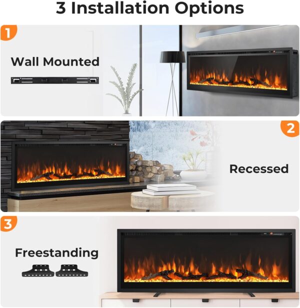 GOFLAME 50 Inch Electric Fireplace Recessed/Wall Mounted/Freestanding, Linear Electric Fireplace Heater Insert with Remote Control, Adjustable Flame Color & Brightness, Thermostat, Timer, 750W/1500W - Image 5