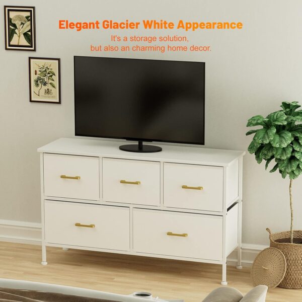 Dresser for Bedroom with 5 Drawers, White Dresser for Closet, Living Room, TV Stand, Nursery, Chest of Drawers with Sturdy Steel Frame, Leather Finish, Wood Top (Glacier White) - Image 6