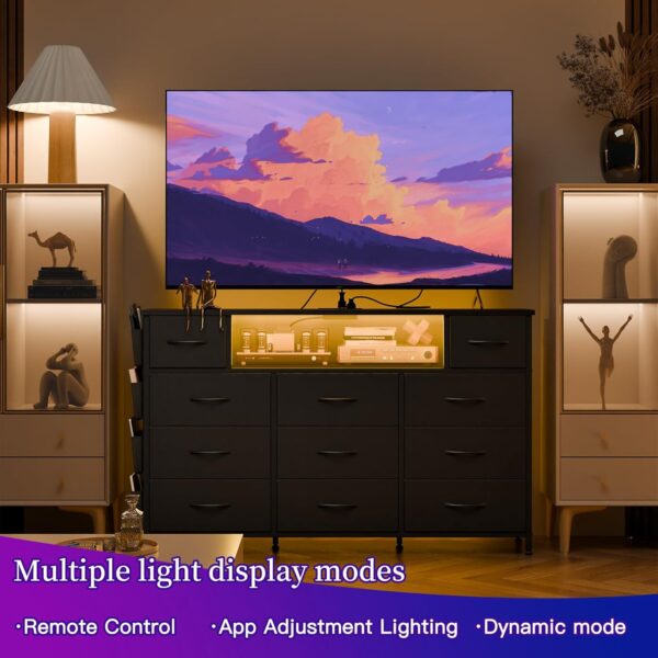 Fixwal Black Dresser for Bedroom with Power Outlets and LED Lights 11 Drawers Dresser with Side Pocket for Kids Bedroom, Fabric Chest of Drawers, for 60inch TV Long Dresser Storage Organizer - Image 5