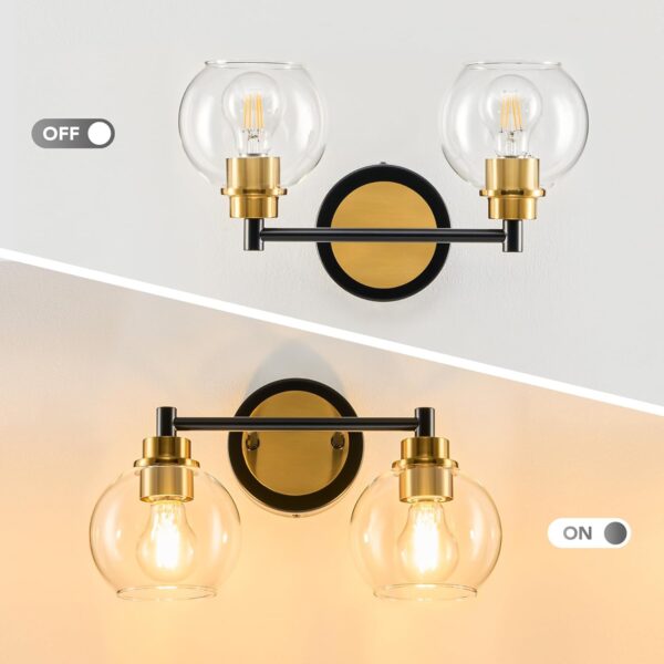 VONLUCE Bathroom Light Fixtures, 2-Light Bathroom Vanity Light with Globe Glass Shades E26 Sockets, Bathroom Lights Over Mirror for Bedroom Hallway Living Room, Black & Gold Finish - Image 2