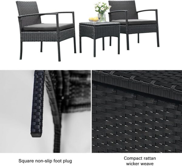 PROHIKER 3 PCS Patio Rattan Conversation Chairs Set, Outdoor Patio Furniture Balcony Furniture Set, Wicker Patio Set for Garden Porch Balcony Yard, Black - Image 5