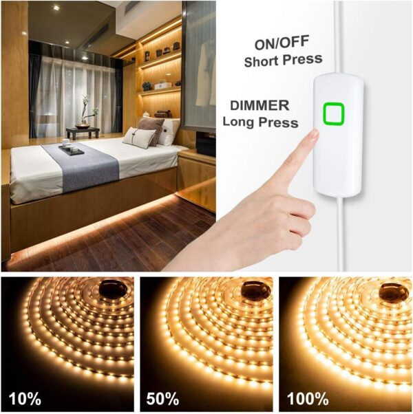 MYPLUS Under Cabinet Lighting Kit, 32.8 Ft Dimmable Led Strip Lights with 600 LEDs,12V, Low Power Safety Adapter, Flexible Tape Light for Kitchen Cabinet,Bedroom,Counter,Shelf (Warm White-3000k) - Image 4