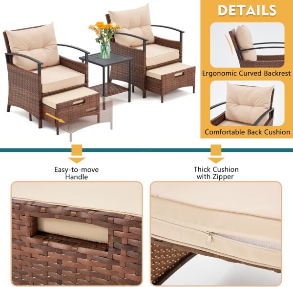 AVAWING 5 Pieces Patio Furniture Set, Outdoor Rattan Chairs with Metal Coffee Table, Ottomans & Soft Cushions, Wicker Conversation Bistro Set for Garden, Deck, Balcony, Poolside(Beige) - Image 4