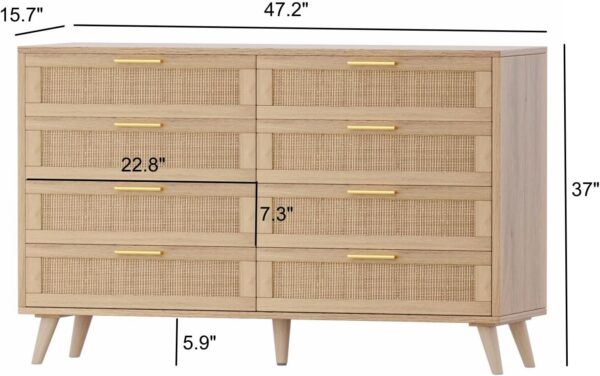 Rovaurx 8 Drawer Double Dresser for Bedroom, Rattan Chest of Dressers, Modern Wooden Dresser Chest with Golden Handles, Beside Table for Closet, Living Room and Entryway, Natural RDG003M - Image 7