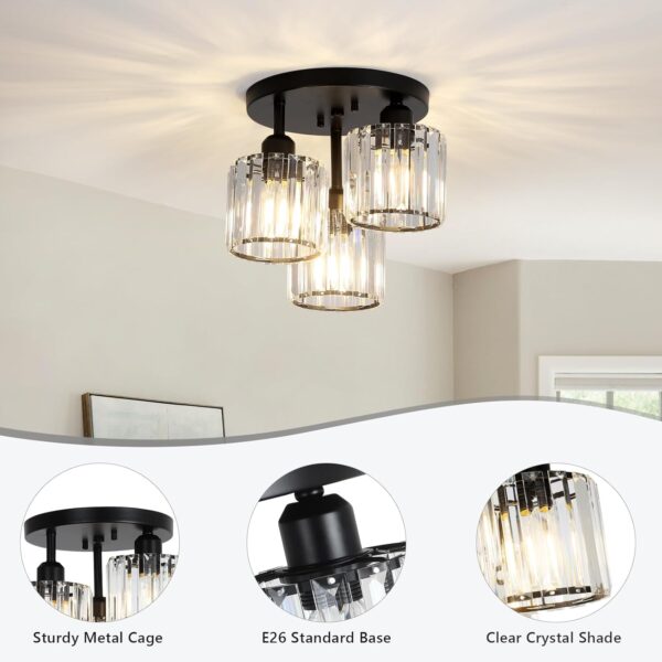 Crystal Semi Flush Mount Ceiling Light,3-Light Modern Close to Ceiling Light Fixtures,Black Kitchen Light Fixtures with Clear Crystal Shade,Hallway Light Fixtures for Hallway Bedroom Bathroom - Image 3