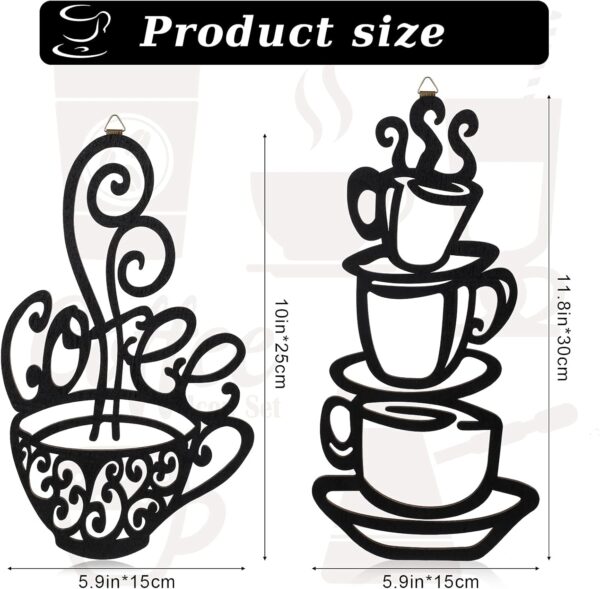 Jetec 2 Pieces Coffee Cup Wall Decor Black Coffee Cup Silhouette Wood Wall Art Cafe Themed Wall Art Cup Mug Scrolled Silhouette Metal Wall Art Decor for Coffee Shop, Kitchen, Restaurant - Image 3