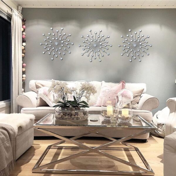 ZEXUIRU 3 Set Silver Metal Jeweled Wall Art Bling Crystal Home Décor Sun Burst Rhinestone Wall Hanging Diamond Accents - Image 5