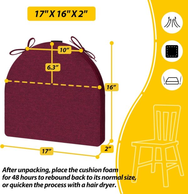 AAAAAcessories U-Shaped Chair Cushions for Dining Chairs with Ties and Removable Cover, 2" Thick Dining Kitchen Chair Pads, Indoor Dining Room Chair Cushions, 17" x 16", 4 Pack, Wine Red - Image 5