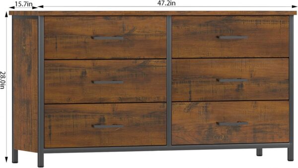 IKENO 6 Drawer Double Dresser, Industrial Wood Dresser for Bedroom, Storage Cabinet with Sturdy Steel Frame - Image 4