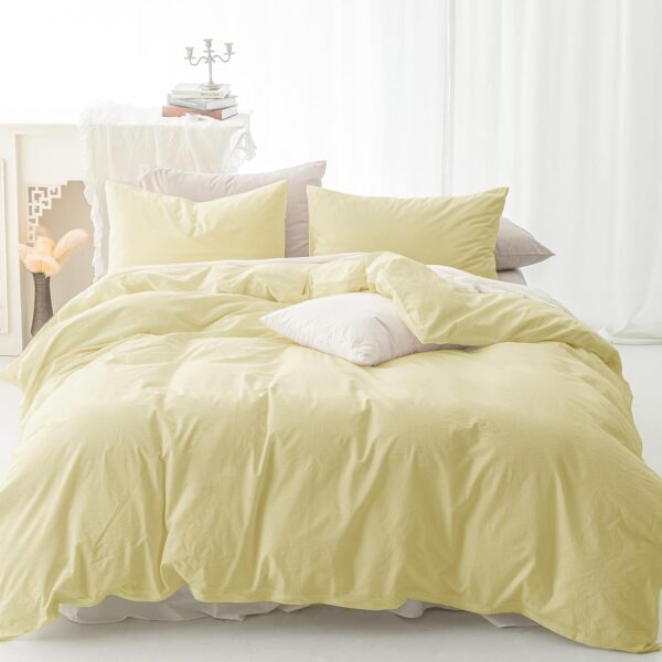 FOSSA Duvet Cover Set 100% Washed Cotton Linen Feel Super Soft Breathable Cozy 3 Pieces Bedding Sets Solid Light Yellow Queen - Image 8