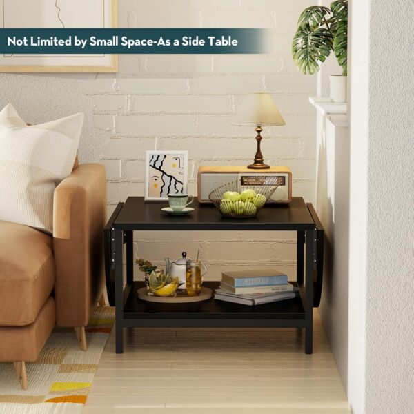 SAYGOER Black Coffee Table Modern Extended Coffee Tables with Storage for Living Room 2-Tier Unique Center Table with Two Foldable Panel for Any Large or Small Space, All Black - Image 7