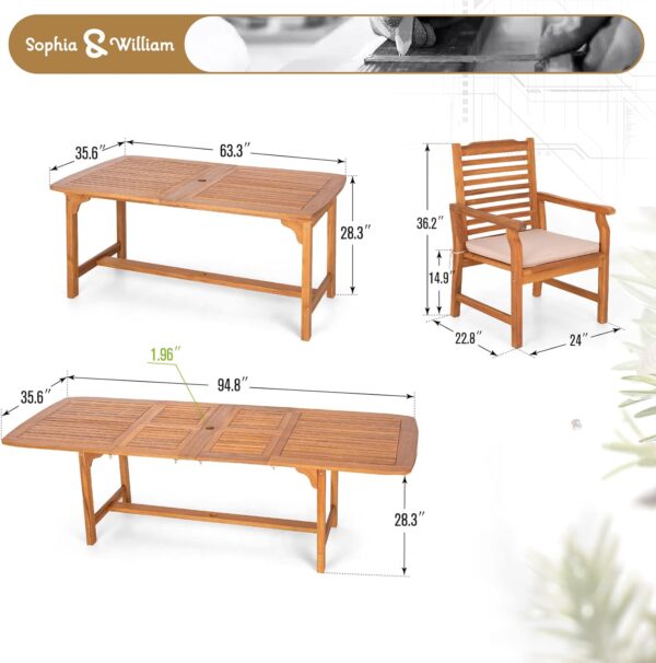 Sophia & William Patio Outdoor Table and Chairs Set, Patio Dining Sets for 8, 9 Pieces Patio Table Set Clearance for Backyard Deck Porch Outside, Acacia Wood Table Expandable with Hole and Chairs - Image 6