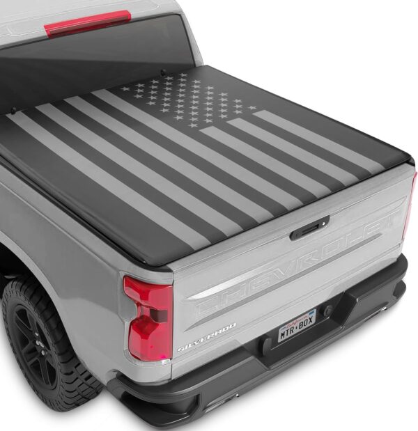 Truck Tonneau Cover for Chevy Silverado 1500 / GMC Sierra 1500 2019-2024 with 5.8 ft Bed Length, All-Weather Soft Roll Truck Bed Cover for Truck Black Flag Print