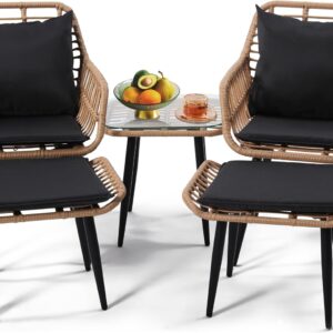 Outdoor Wicker Chairs and Table Bistro Conversation Furniture Set, 5 Pieces with Ottoman for Porch, Balcony, Deck, Patio, Backyard, Natural Color