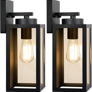 Outdoor Wall Light Fixtures, Exterior Waterproof Lanterns, Porch Sconces Wall Mounted Lighting with E26 Sockets & Glass Shades, Modern Matte Black Wall Lamps for Patio Front Door Entryway, 2-Pack