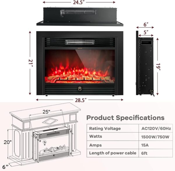 GLACER 28.5'' Electric Fireplace Insert, Recessed & Freestanding with Adjustable Flame Color Timer, Indoor Heater w/Remote Control (750W/1500W) Black… - Image 3