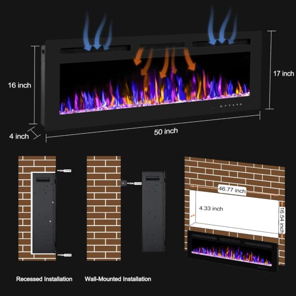 50" Electric Fireplace Wall Mounted and Recessed with Remote Control, 750/1500W Ultra-Thin Wall Fireplace Heater W/Timer Adjustable Flame Color and Brightness, Log Set & Crystal Options - Image 4