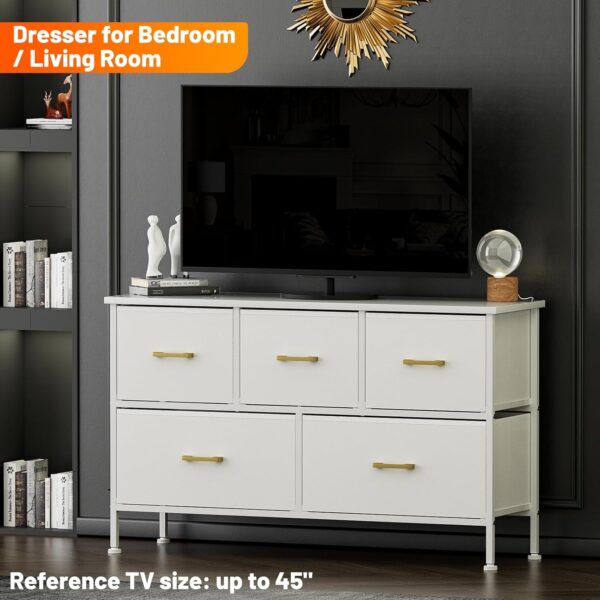 Dresser for Bedroom with 5 Drawers, White Dresser for Closet, Living Room, TV Stand, Nursery, Chest of Drawers with Sturdy Steel Frame, Leather Finish, Wood Top (Glacier White) - Image 4