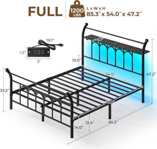 Rolanstar Full Bed Frame with USB Charging Station, LED Bed Frame with Storage Headboard, 14 Inch Black Metal Platform Bed with Sleigh Headboard and Footboard, No Box Spring Needed, Noise Free - Image 2