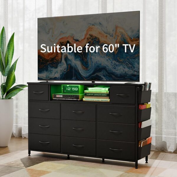 Fixwal Black Dresser for Bedroom with Power Outlets and LED Lights 11 Drawers Dresser with Side Pocket for Kids Bedroom, Fabric Chest of Drawers, for 60inch TV Long Dresser Storage Organizer - Image 7