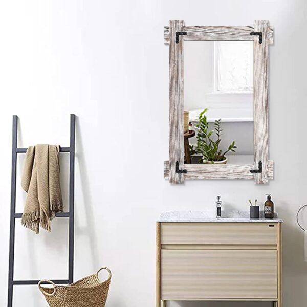 Rustic Mirror Wood Mirror for Bathroom, Decorative Framed Wall Mirror, Farmhouse Natural Vanity Mirror, Wall Mounted Rectangular Mirror for Bedroom Living Room, Wood Mirror Small 20x30 Inch, White - Image 4