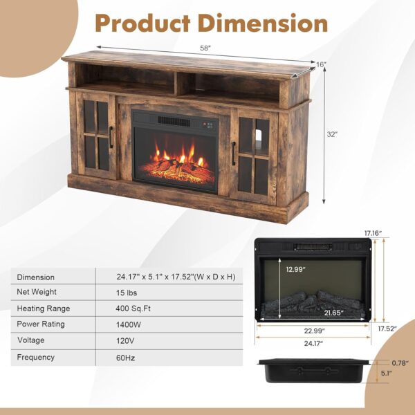 COSTWAY Electric Fireplace TV Stand for TVs Up to 65 Inches, 1400W Heater Insert with Remote Control, 6H Timer, 3-Level Flame, Overheat Protection and CSA Certification, Adjustable Shelves, Brown - Image 4