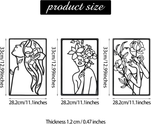 CHENGU 3 Pieces Metal Minimalist Abstract Woman Wall Art Line Drawing Wall Art Decor Single Line Female Home Hanging Wall Art Decor for Kitchen Bathroom Living Room (Floral Style) - Image 4