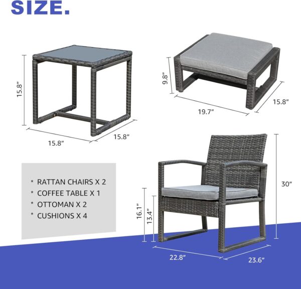 Patiorama 5 Piece Outdoor Patio Wicker Furniture Set, All Weather PE Rattan Chair and Ottoman Footstool Set, W/Coffee Table, Cushions (Light Grey) for Garden, Balcony, Porch, Space Saving Design - Image 4