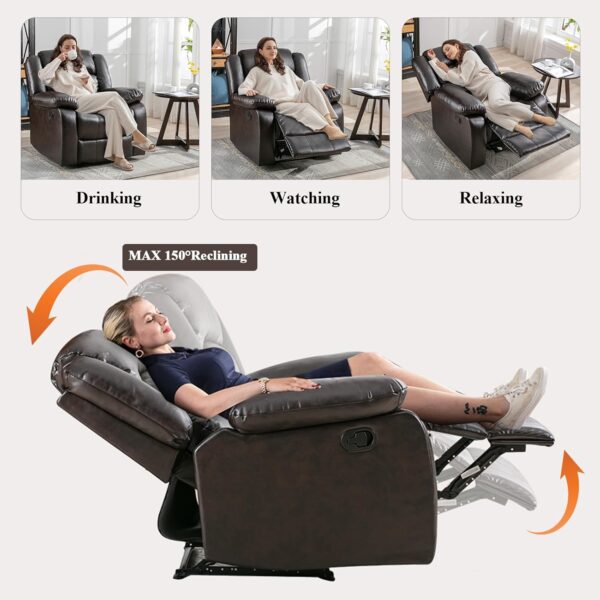 ANJ Manual Recliner Chair, Breathable Faux Leather Reclining Chairs with Overstuffed Arm and Back, Living Room Single Sofa Recliners (Dark Brown) - Image 4