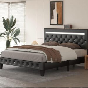Full Size Bed Frame with Adjustable Headboard, Leather Platform Bed with Charging Station and LED Lights, Strong Wooden Slats Support, No Box Spring Needed, Easy Assembly, Black