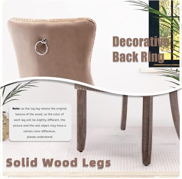 SoarFlash Velvet Dining Chairs Set of 6, Tall Back Side Chair, Modern Upholstered High-end Tufted Side Chair with Button Back Ring, Solid Wood Legs (Khaki) - Image 5
