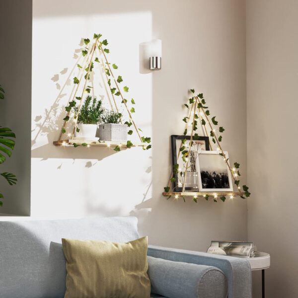 RICHER HOUSE Artificial Ivy LED-Strip Wall Hanging Shelves Set of 2, Macrame Shelf for Bedroom Bathroom Living Room Kitchen, Wood Hanging Plant Shelves for Wall Décor - Image 3
