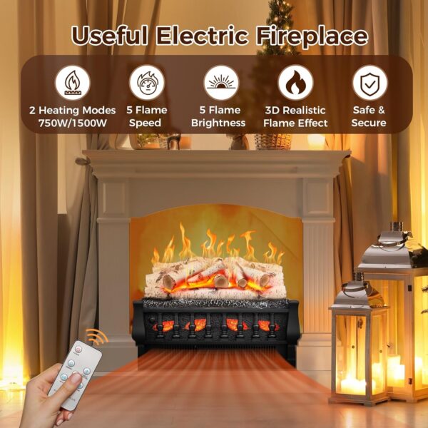 Joy Pebble Electric Fireplace Insert Log Heater 21",750W/1500W Adjustable 5 Flame Brightness,5 Speed Mode,Fireplace Insert with Realistic Ember Bed and Whitish Gray Log,Remote Control - Image 4