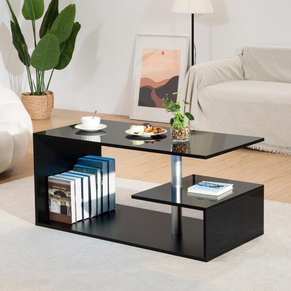 HOMMPA LED Coffee Tables for Living Room Modern Black Coffee Table with S-Shaped 3 Tiers Open Storage Shelf High Gloss Center Sofa Tea Table with LED Lights for Home Office Furniture Black 18" Tall - Image 3