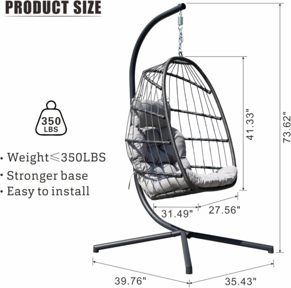 HWB Hanging Egg Chair with Stand, Patio Wicker Egg Swing Chair with Cushion for Bedroom Garden Indoor Outdoor (Grey) - Image 7