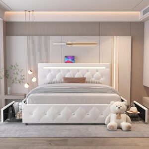 Queen Size Bed Frame with 4 Drawers and Adjustable LED Headboard, PU Leather Upholstered Platform Storage Bed with Charging Station, Wooden Slats Support, No Box Spring Needed, White