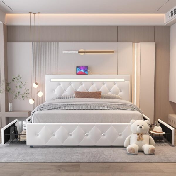 Queen Size Bed Frame with 4 Drawers and Adjustable LED Headboard, PU Leather Upholstered Platform Storage Bed with Charging Station, Wooden Slats Support, No Box Spring Needed, White