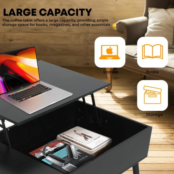 MGHH Wood Lift Top Coffee Table with Hidden Compartment & Adjustable Storage Shelf, Side Tables Lift Tabletop Dining Table for Home Living Room, Office, Reception Room, Black - Image 5