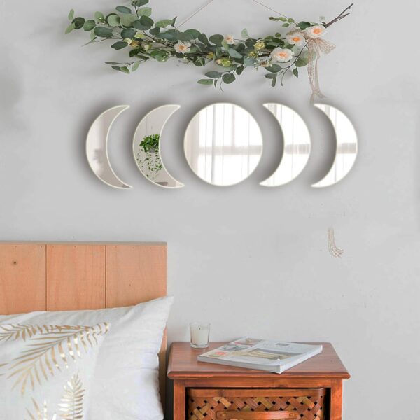 5 Pieces Acrylic Mirror Wall Stickers Natural Wall Decor Self Adhesive Mirrors Stickers Moon Phase Mirror Bohemian Wall Decoration for Home Living Room Bathroom Bedroom Decor (15cm) - Image 4