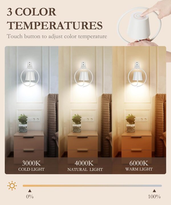 5200mAh Wireless Wall Light, Rechargeable Batttery Operated Wall Sconces Set of 2,3 Color Stepless Dimming Up, Wall Lamp for Battery Operated Lamp for Picture/Bedroom/Living Room/Hallway (White) - Image 2