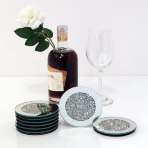 GIMORRTO Glass Mirrored Coaster 4 PC, Crushed Diamond Round 4" Cup Mat Decor on Tabletop for Bar Tools Dining Table
